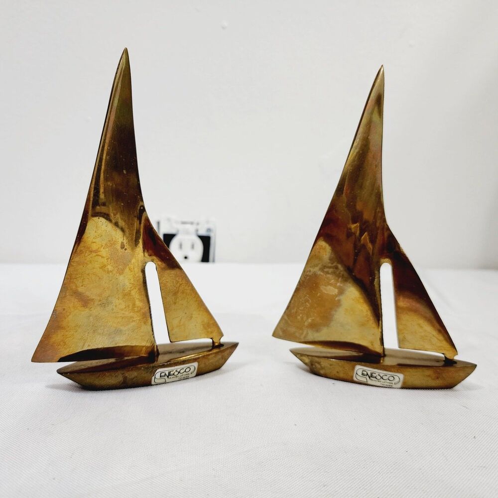 Vintage Enesco Brass Sailboat Figurines Set of 2 MCM Nautical Decor Sculptures